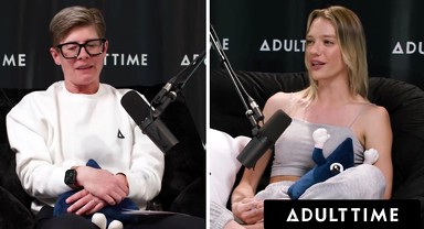 ADULT TIME - Busty Lesbians Octavia Red Kenna James CAUGHT EATING PUSSY On Podcast Set FULL SCENE